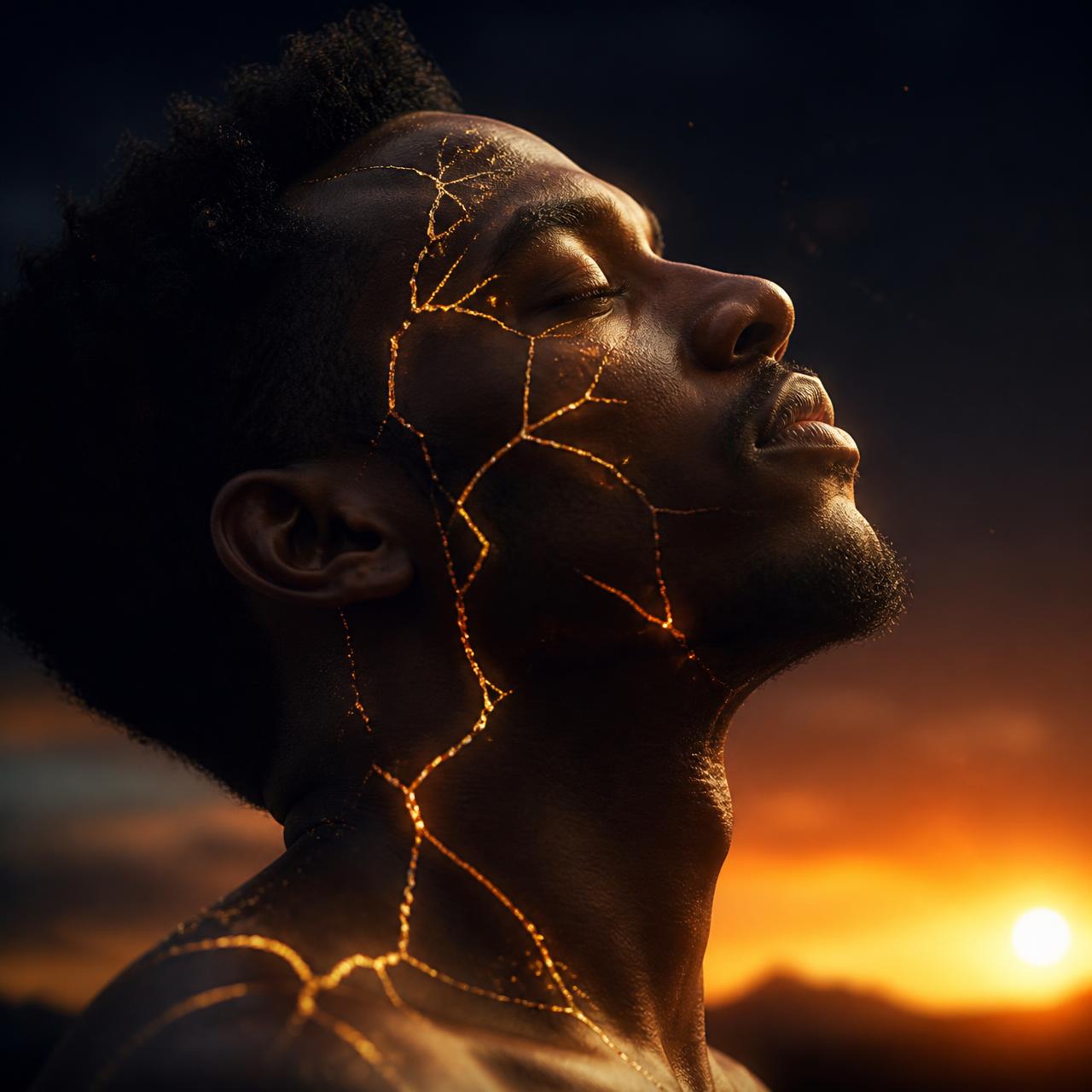 A person at peace, gold healing lines tracing their face at sunset
